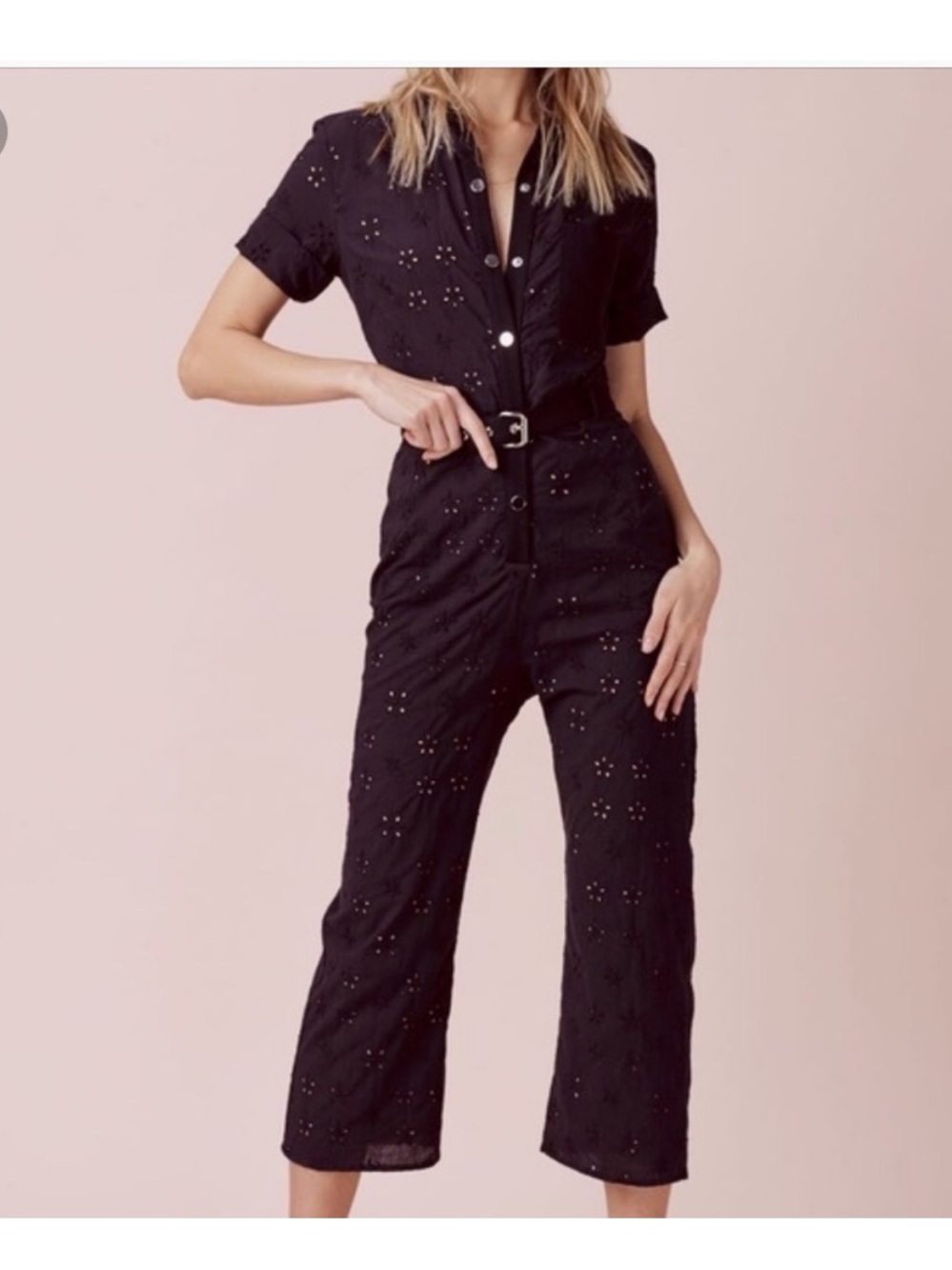 For Love And Lemons Black Eyelet Short-Sleeve Jumpsuit | M - Picture 1 of 6
